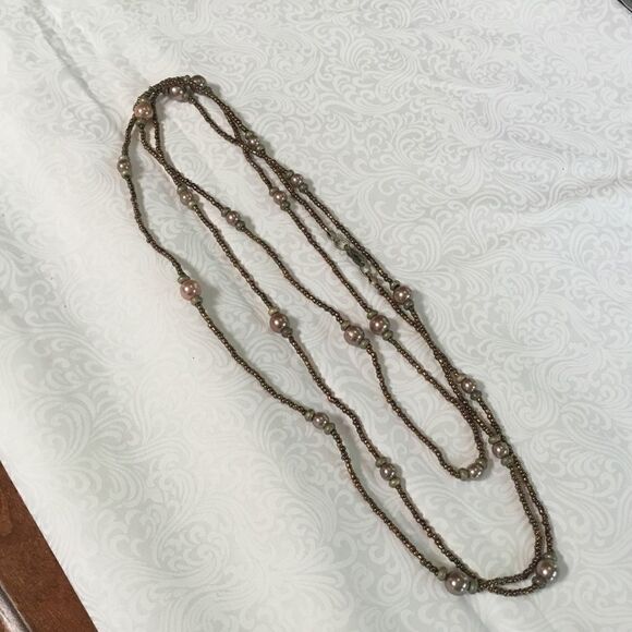 Copper Seed Bead with Faux Peach Pearls Necklace - Picture 1 of 6